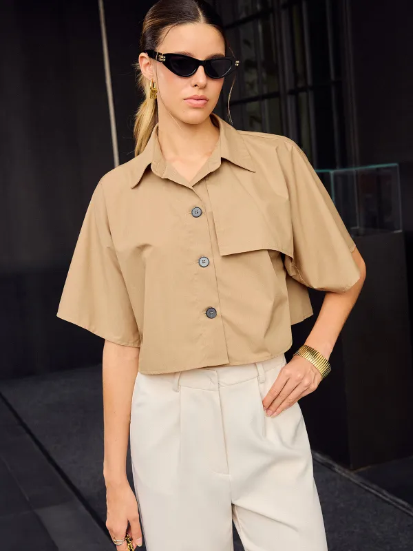 Asymmetric Cropped Shirt with Button Front sold by COMMENSE