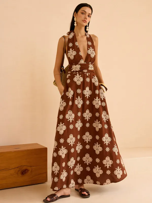 Floral Print Pocketed Halter Neck Maxi Dress sold by COMMENSE
