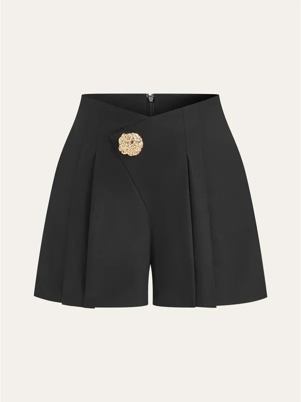 Mid-Waisted Pleated Shorts with Metal Button sold by COMMENSE