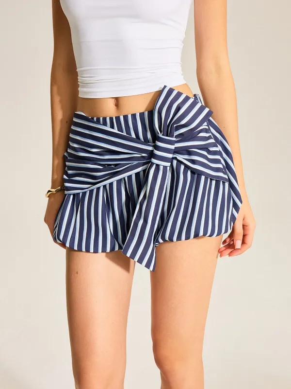 Striped Bubble Shorts With Oversized Bow sold by COMMENSE