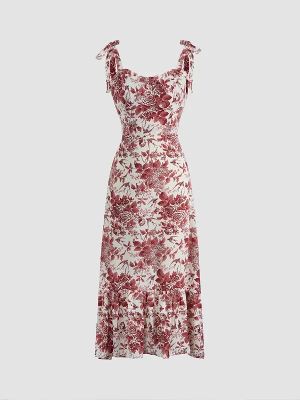 Rosy Bush Floral Tie Shoulder Midi Dress sold by COMMENSE