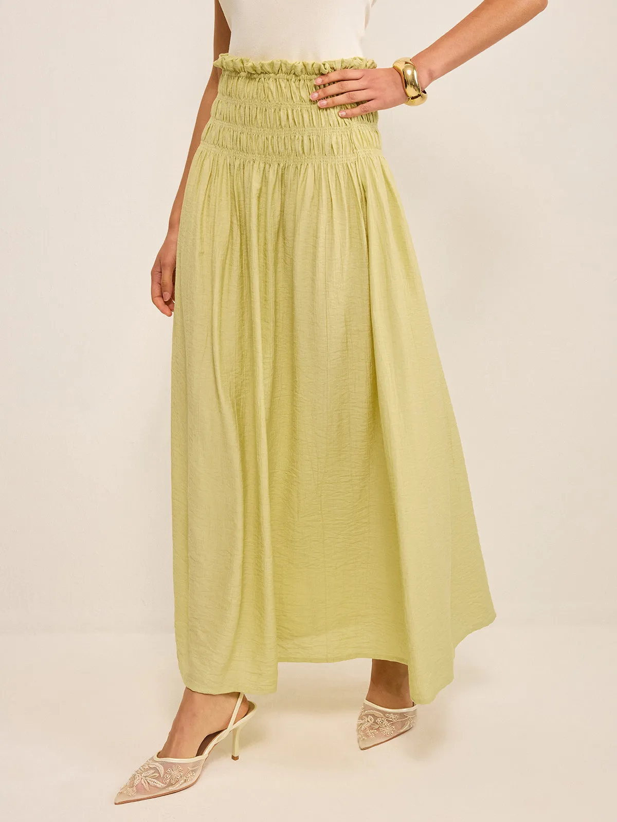 Pleated Linen Smocked Maxi Skirt sold by COMMENSE