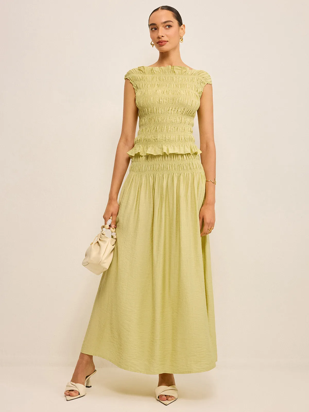 Pleated Linen Smocked Maxi Skirt sold by COMMENSE product image thumbnail 4