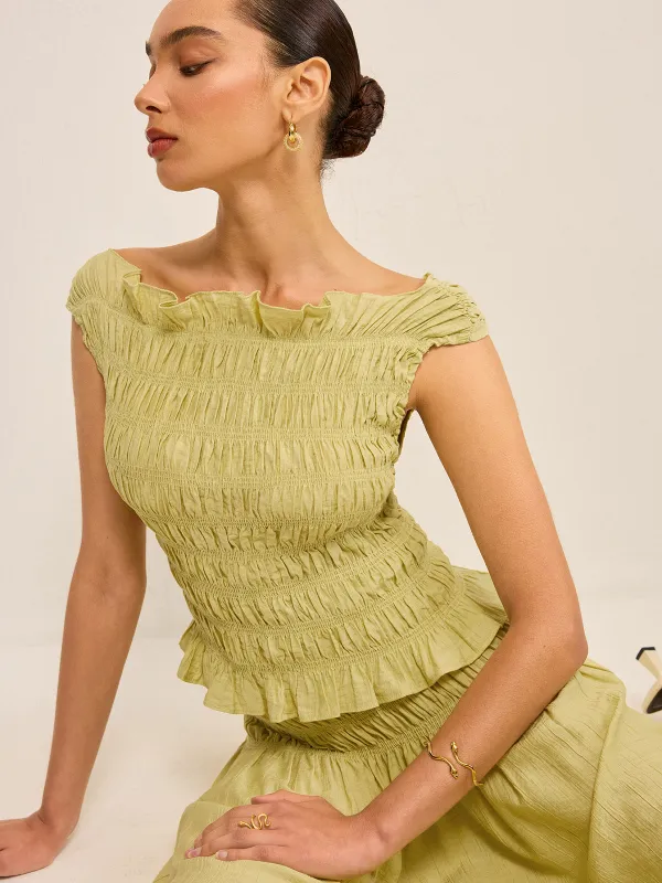 Reversible Pleated Linen Top with Ruffled Neckline sold by COMMENSE
