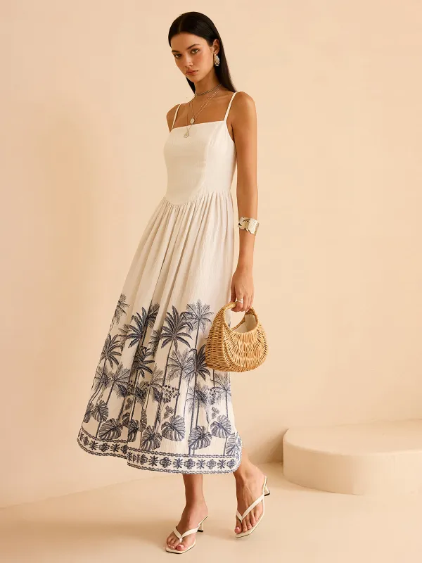 Semi-Sheer Tropical Palm Print Tie-Back Maxi Dress sold by COMMENSE