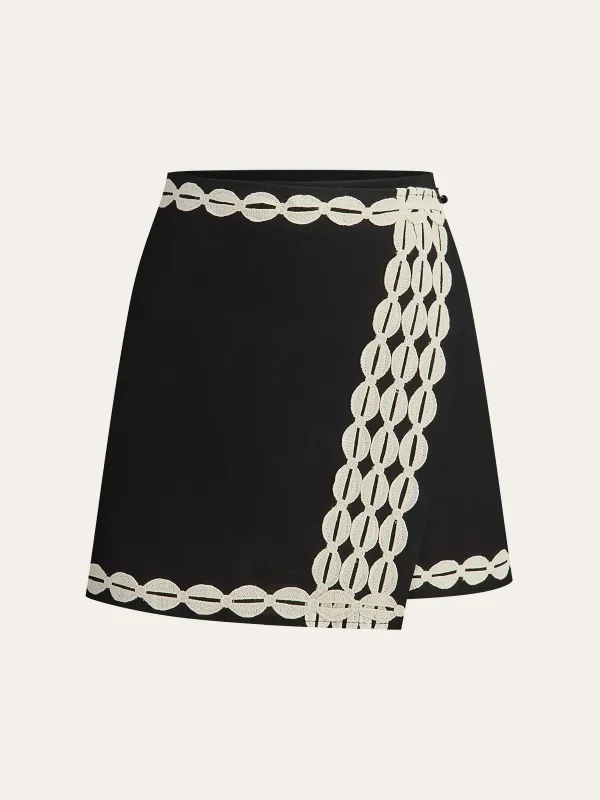 Color-Block Woven-Trim Wrap Mini Skirt sold by COMMENSE