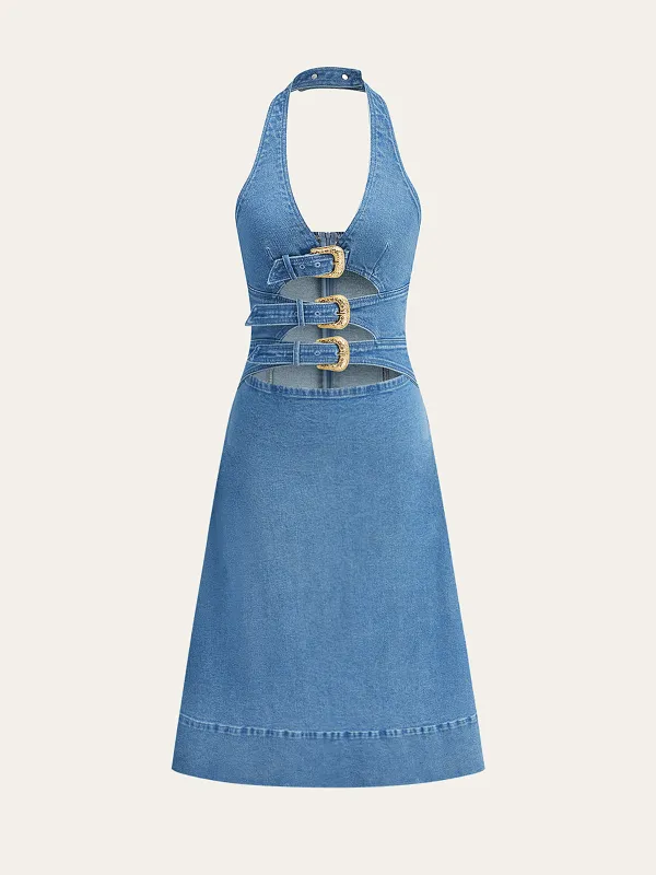 Halter Neck Cut-Out Denim Dress sold by COMMENSE