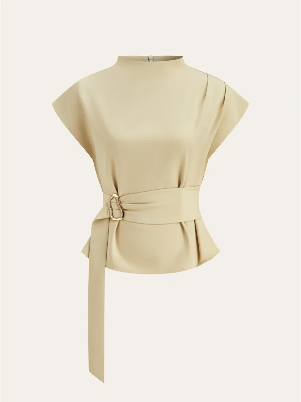 Belted Mock Neck Short-Sleeve Blouse sold by COMMENSE