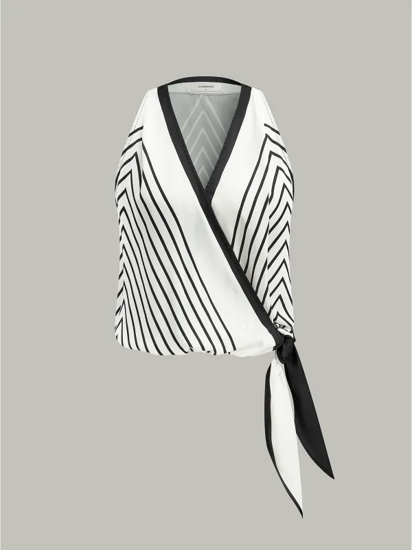 Semi-Sheer Striped Wrap-Front Knotted Top sold by COMMENSE