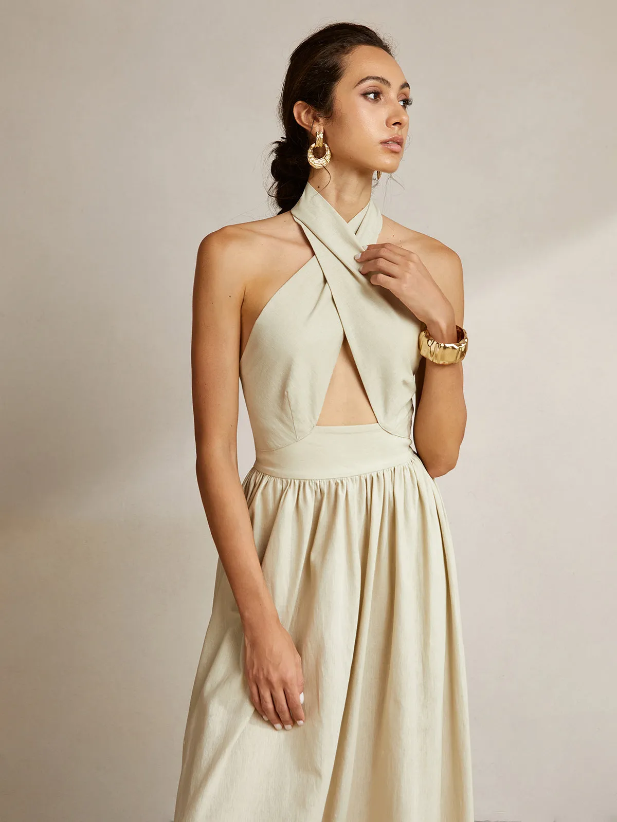 Criss Cross Halter Pockets Long Dress sold by COMMENSE