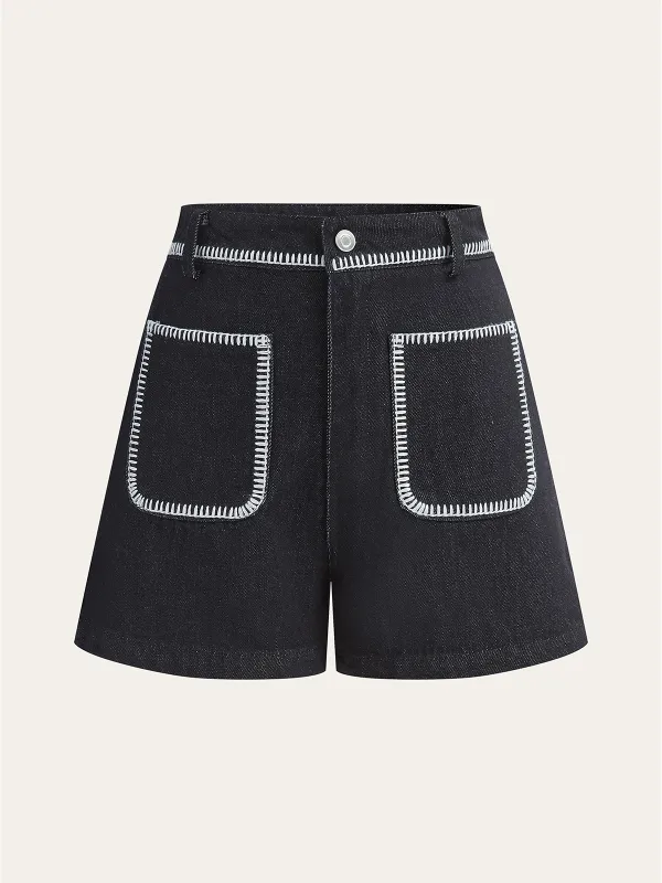 Contrast Trim Denim Shorts sold by COMMENSE