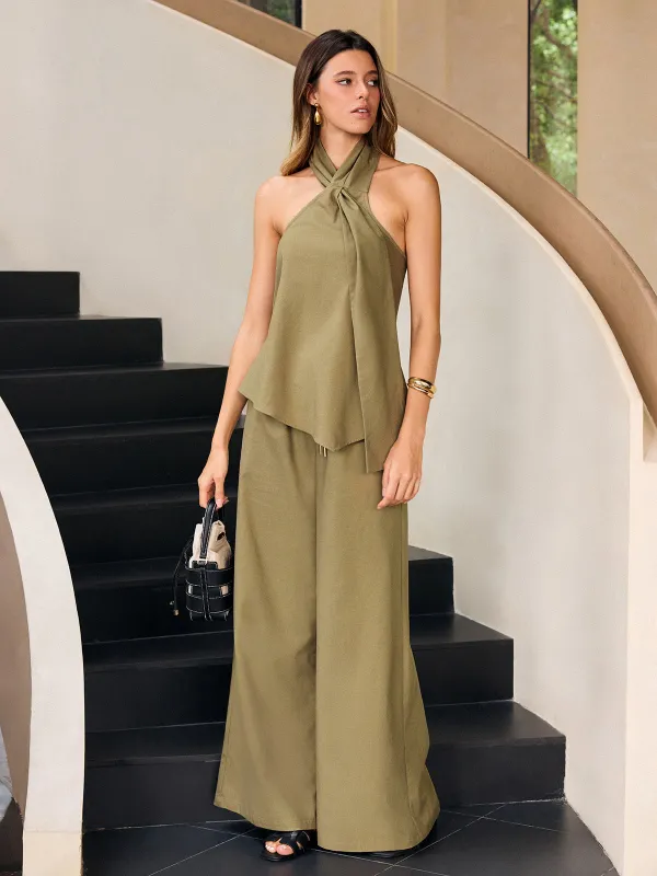 Halter Neck Knot Top and Wide Leg Pants Set sold by COMMENSE