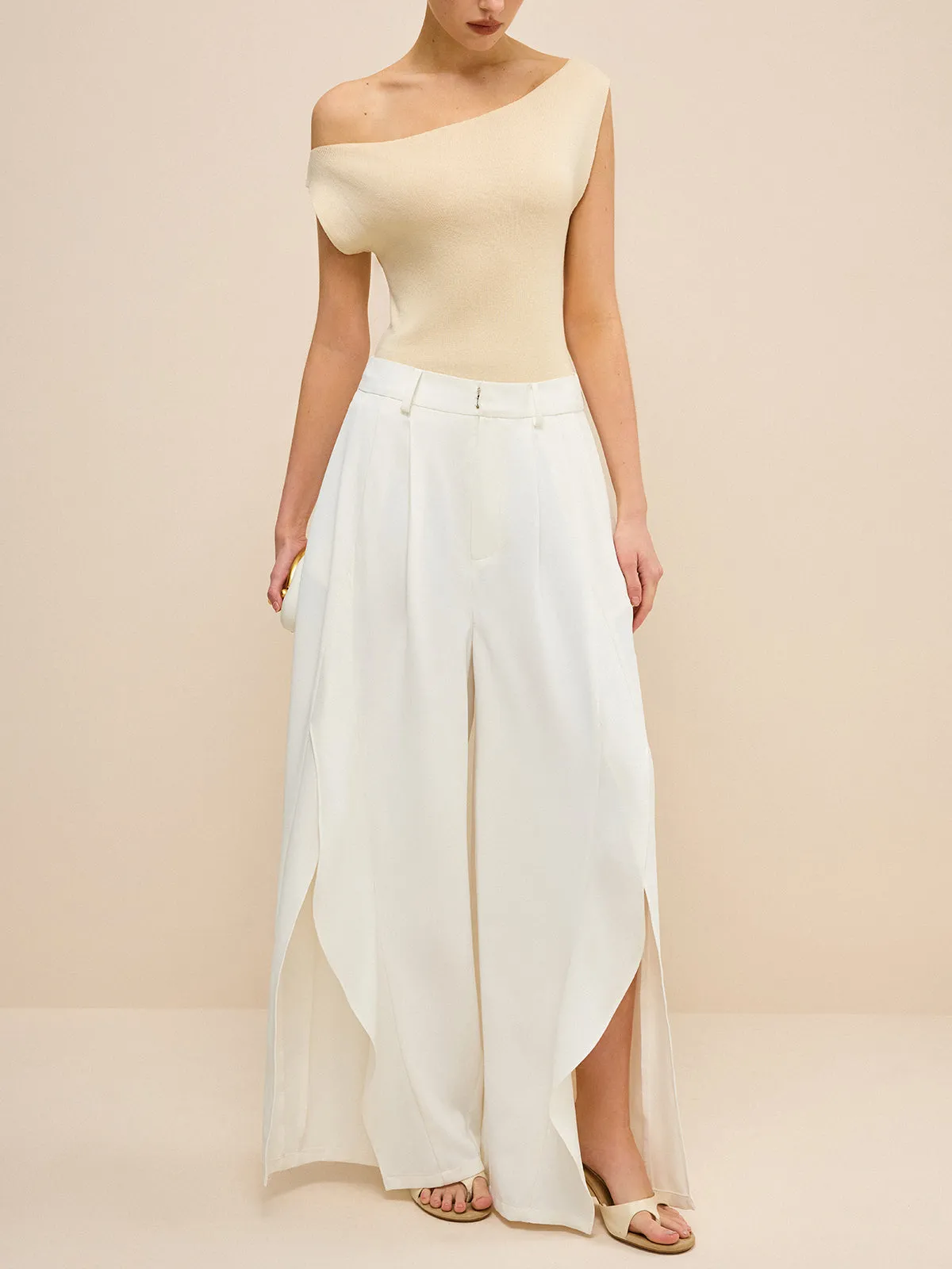 Mid-Waisted Wide-Leg Pants with Side Slits sold by COMMENSE
