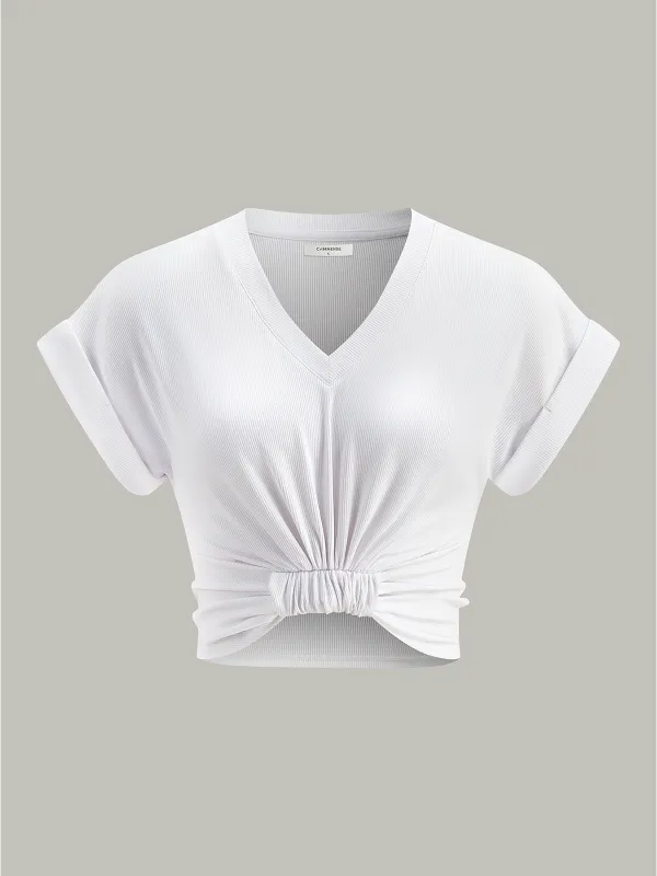 Ribbed V-Neck Knotted Crop Top sold by COMMENSE