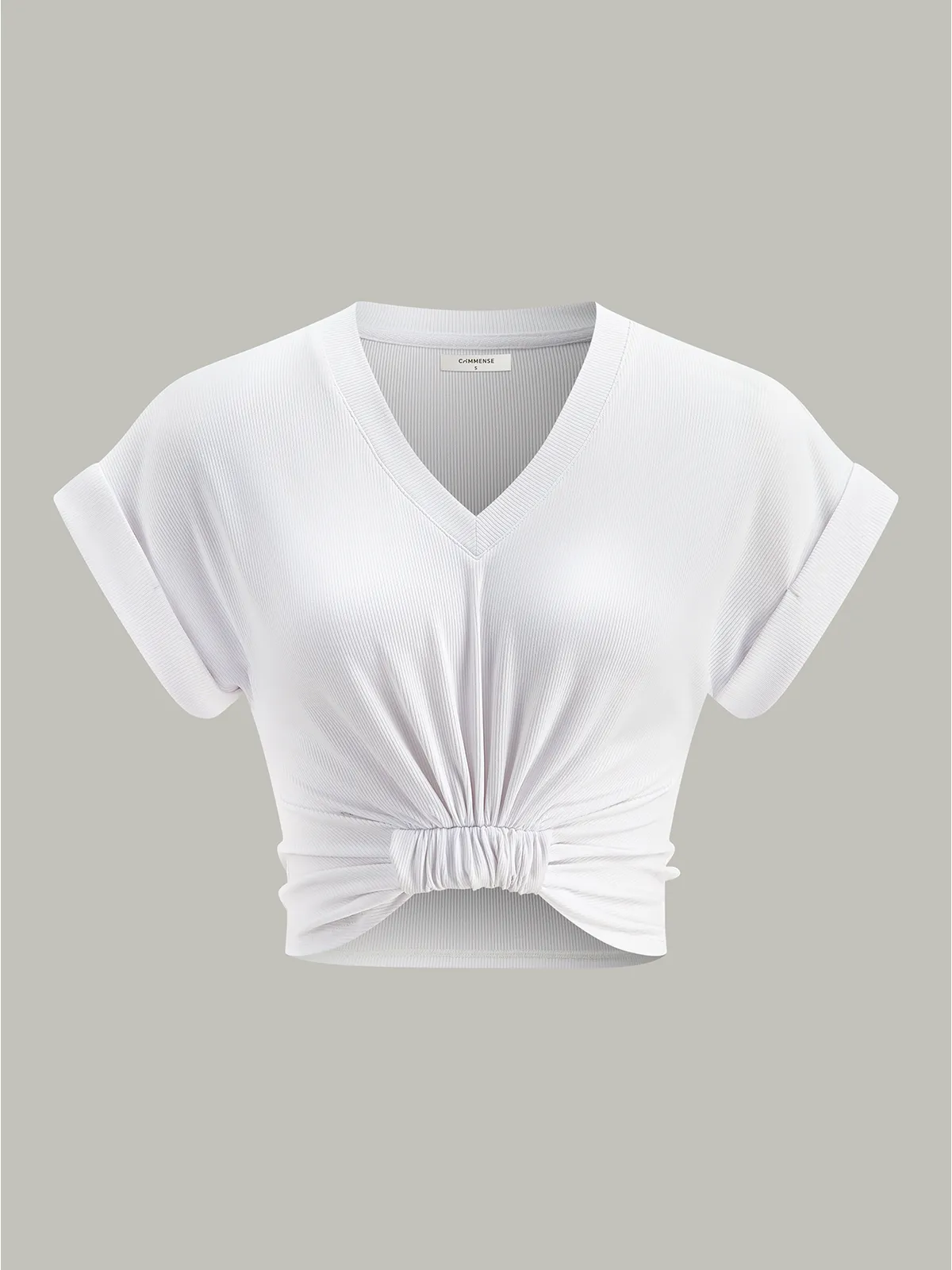 Ribbed V-Neck Knotted Crop Top sold by COMMENSE