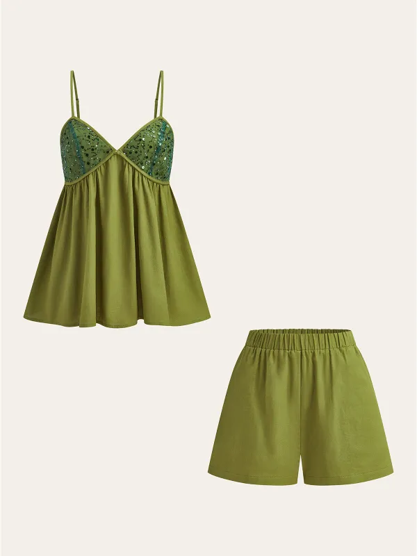 Sequin Cami Top and Elastic Waist Shorts Set sold by COMMENSE