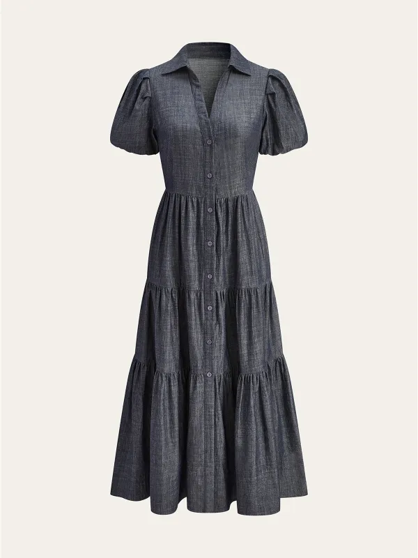 Puff Sleeve Tiered Button-Front maxi Dress sold by COMMENSE