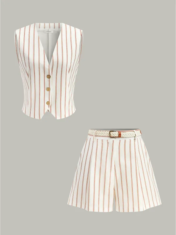 Belted Striped Shorts Set sold by COMMENSE