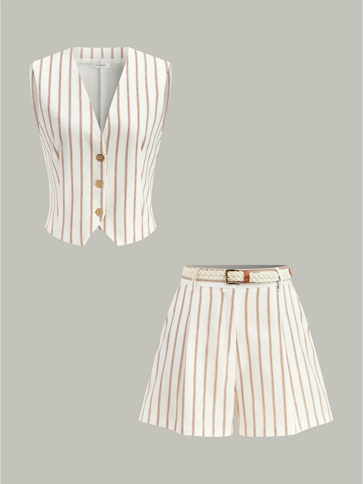 Belted Striped Shorts Set sold by COMMENSE