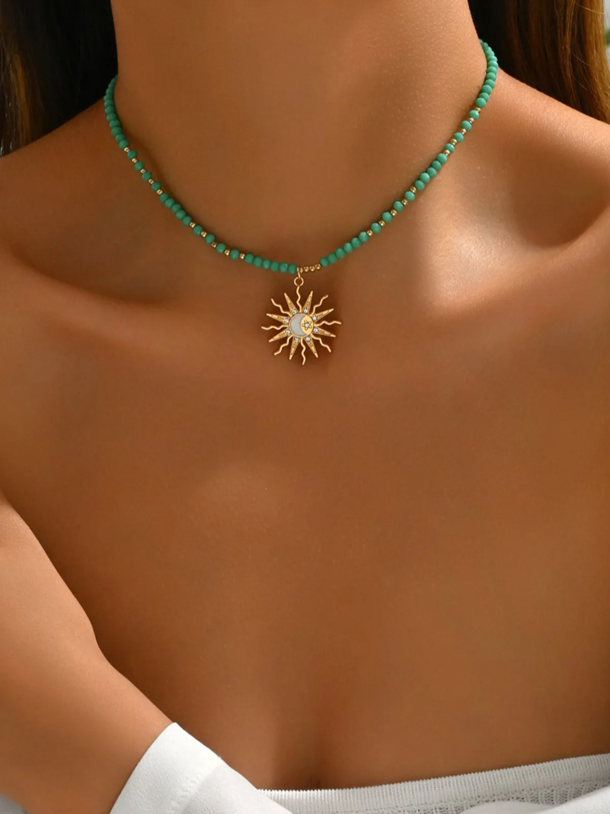 Turquoise Beaded Choker with Sun-Moon Pendant sold by COMMENSE product image thumbnail 3