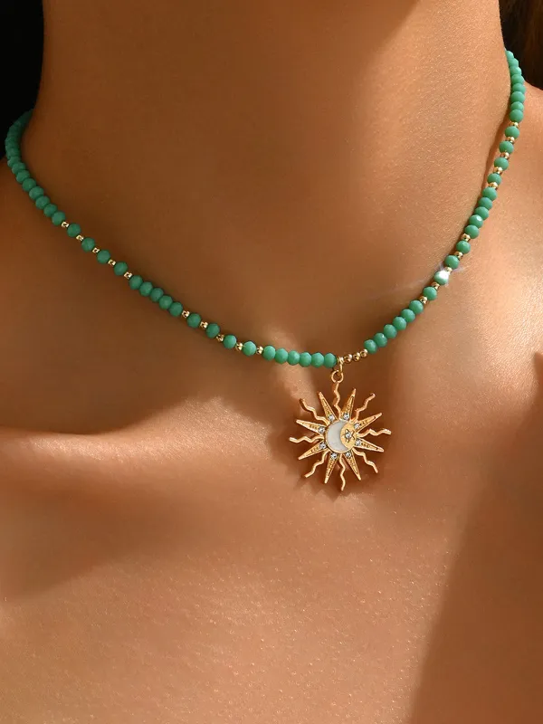 Turquoise Beaded Choker with Sun-Moon Pendant sold by COMMENSE