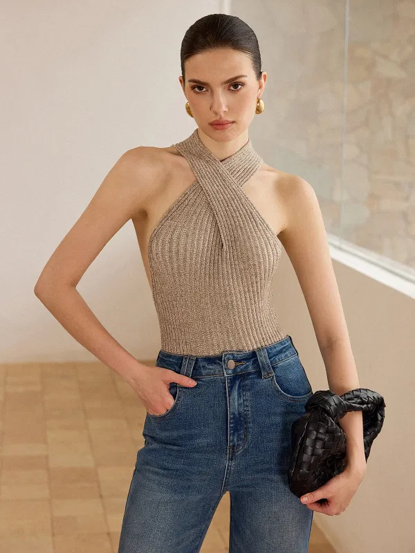 Cross-Strap Halter Neck Knit Top sold by COMMENSE