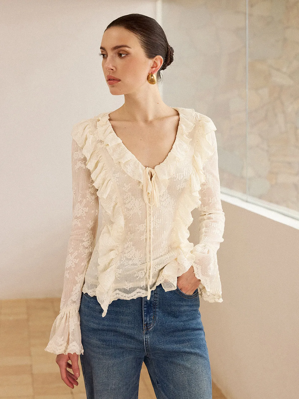 Semi-Sheer Lace Ruffle Trim V-Neck Blouse sold by COMMENSE product image thumbnail 4