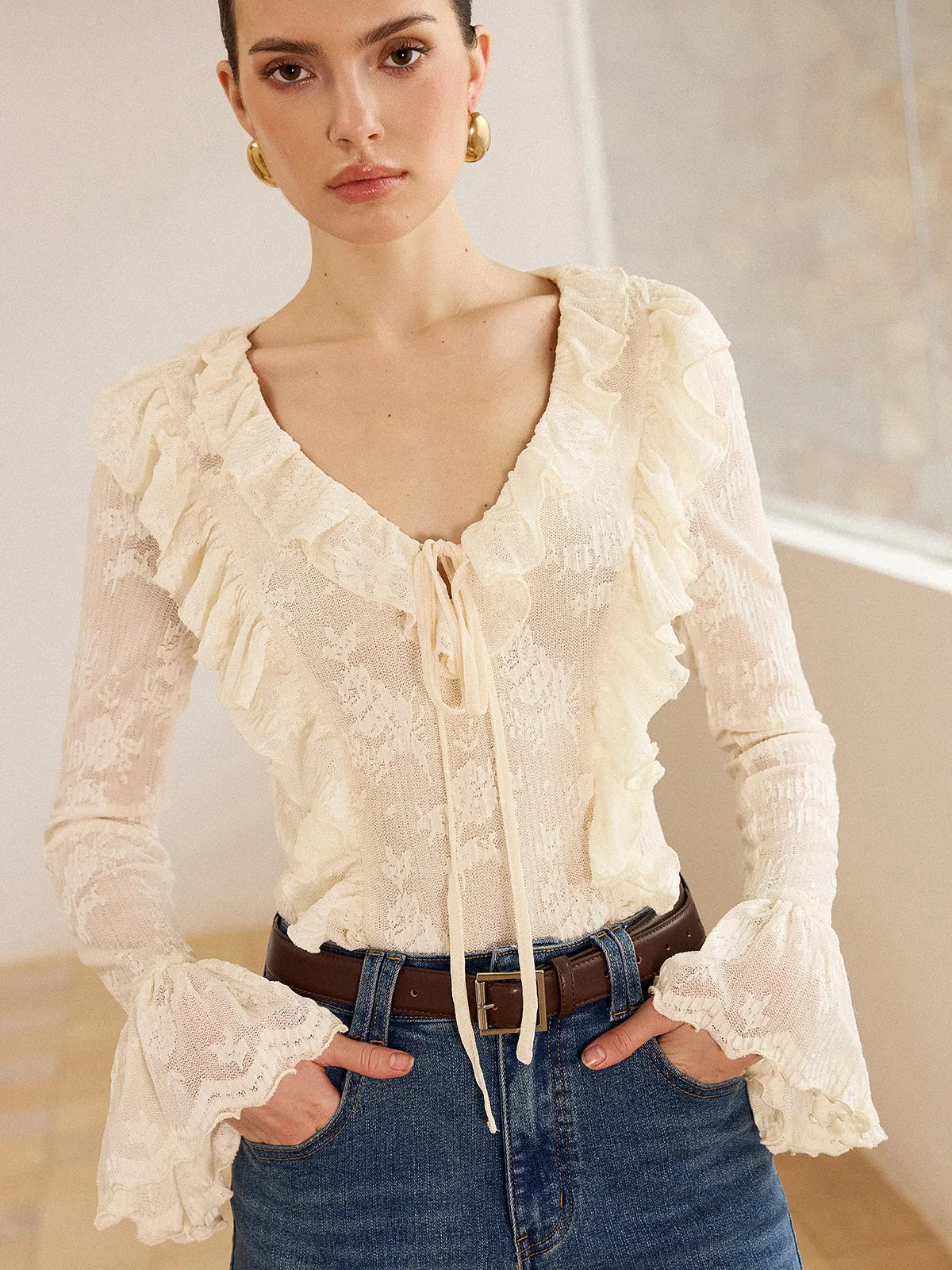 Semi-Sheer Lace Ruffle Trim V-Neck Blouse sold by COMMENSE