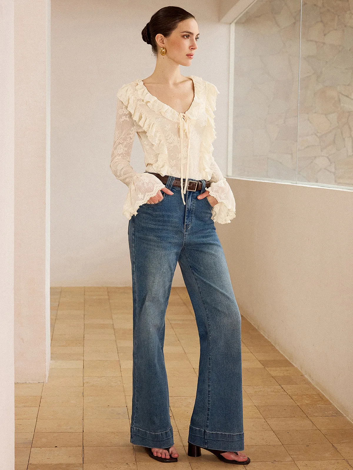 Semi-Sheer Lace Ruffle Trim V-Neck Blouse sold by COMMENSE product image thumbnail 5