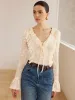 Semi-Sheer Lace Ruffle Trim V-Neck Blouse sold by COMMENSE