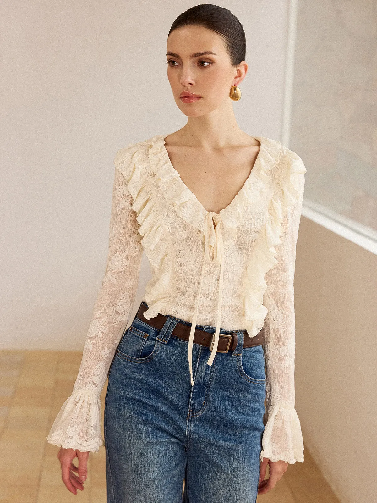 Semi-Sheer Lace Ruffle Trim V-Neck Blouse sold by COMMENSE product image thumbnail 3