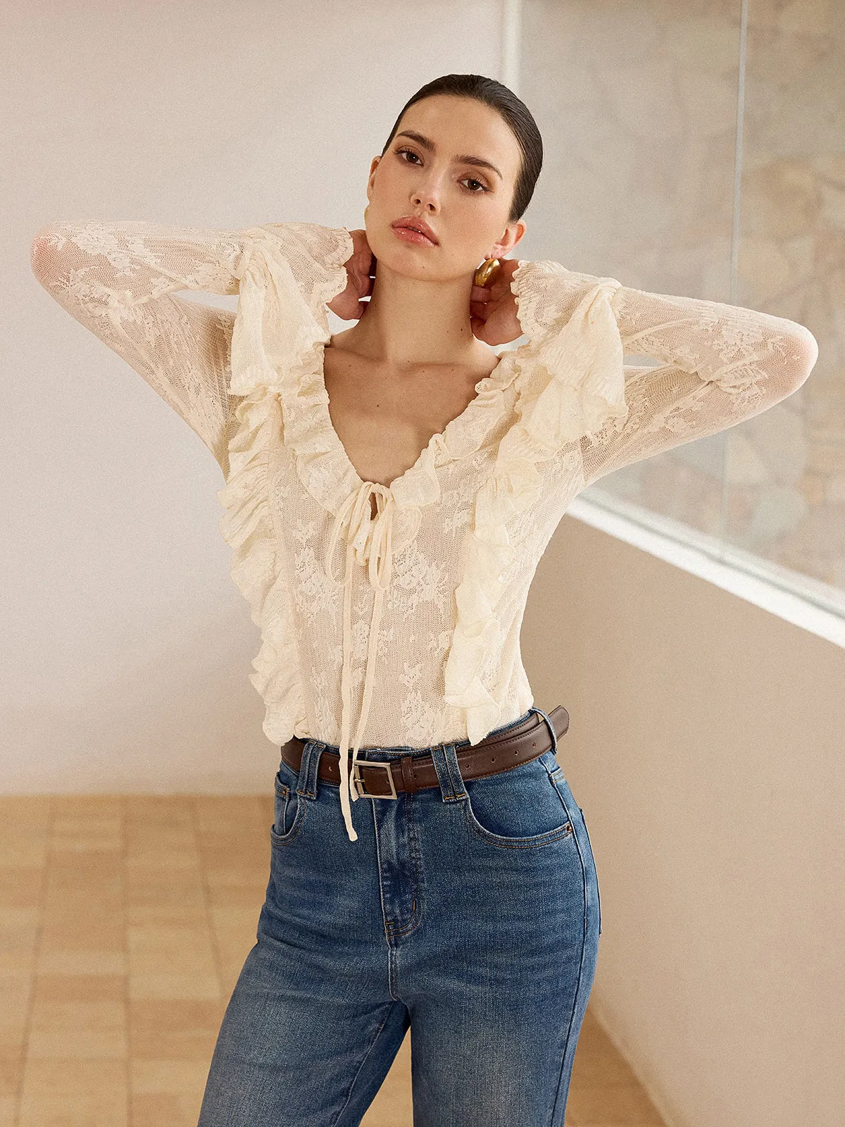 Semi-Sheer Lace Ruffle Trim V-Neck Blouse sold by COMMENSE product image thumbnail 2