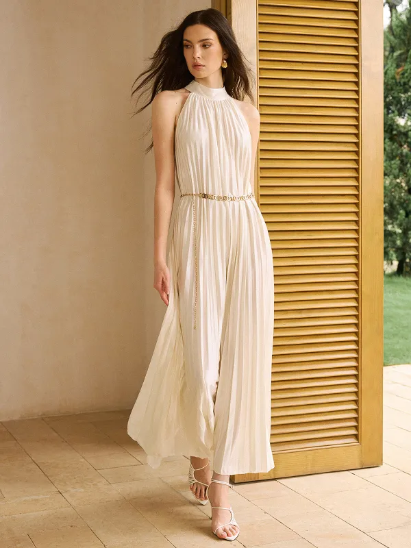 Satin High-Neck Pleated Maxi Dress sold by COMMENSE