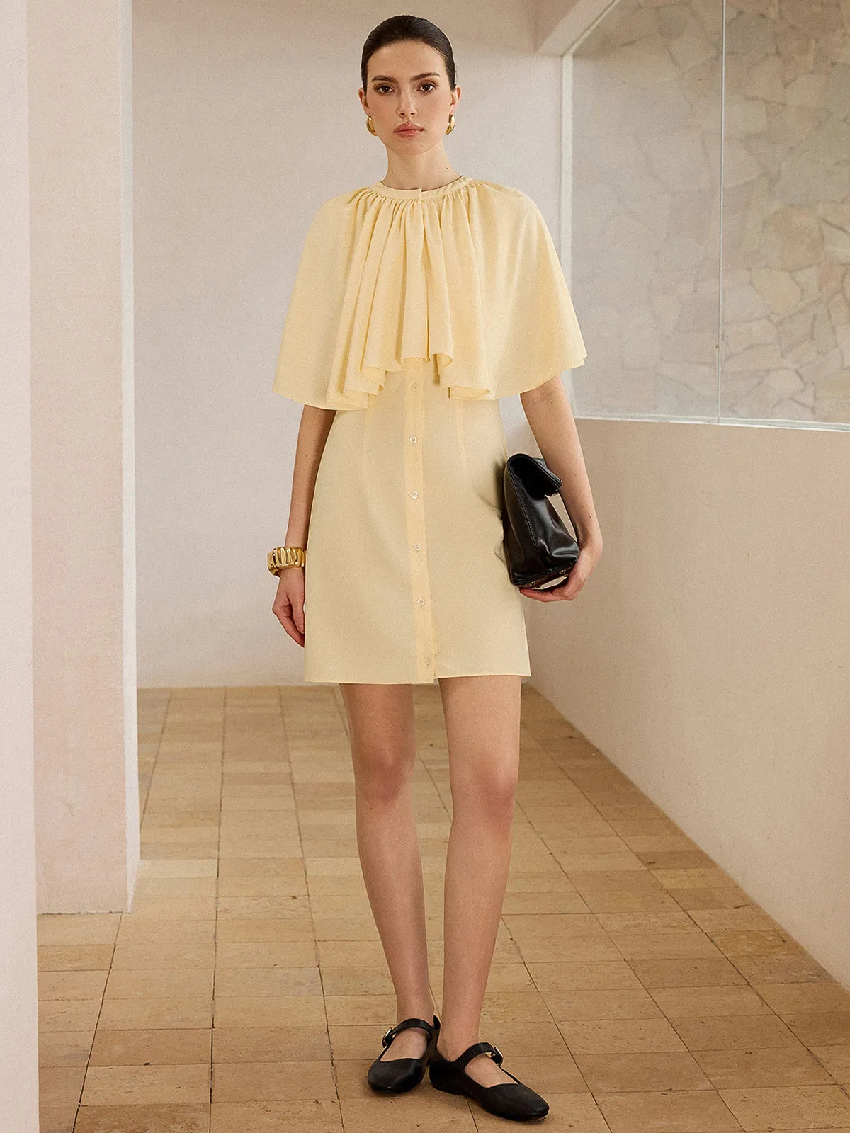 Cape-Sleeve Button-Front Mini Dress sold by COMMENSE