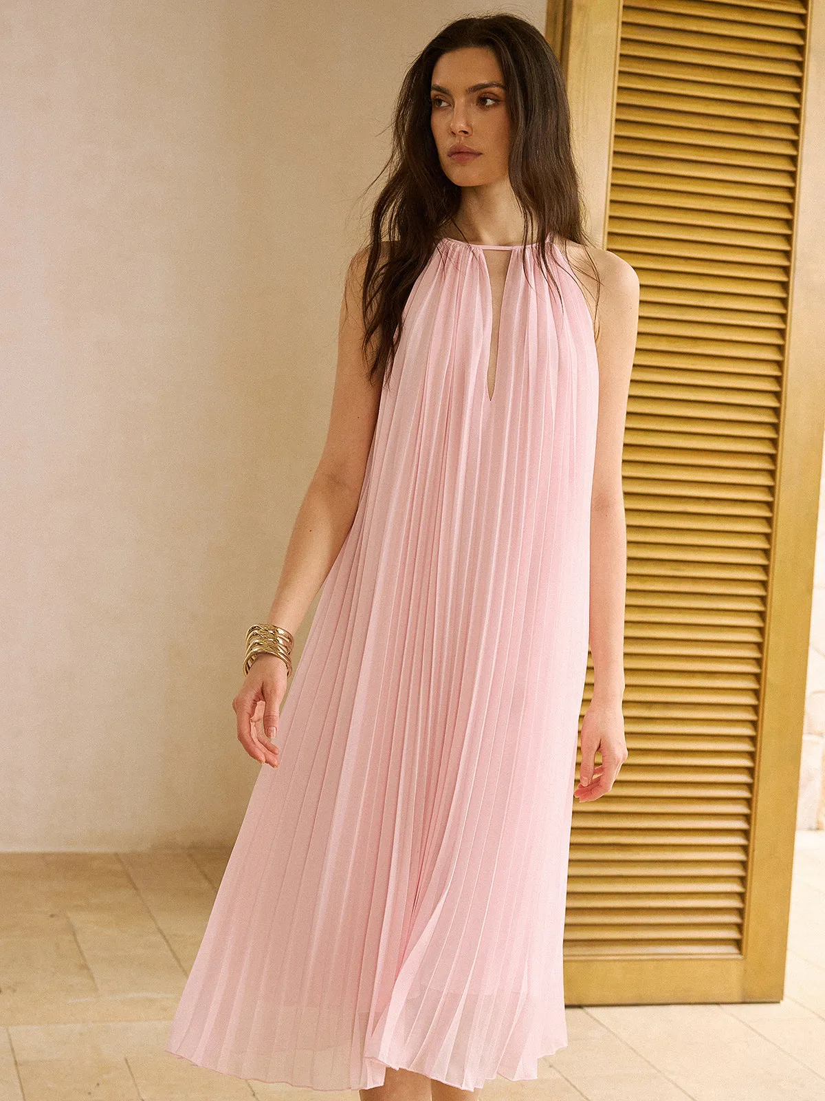 Semi-Sheer Pleated Cut-Out Midi Dress sold by COMMENSE product image thumbnail 3