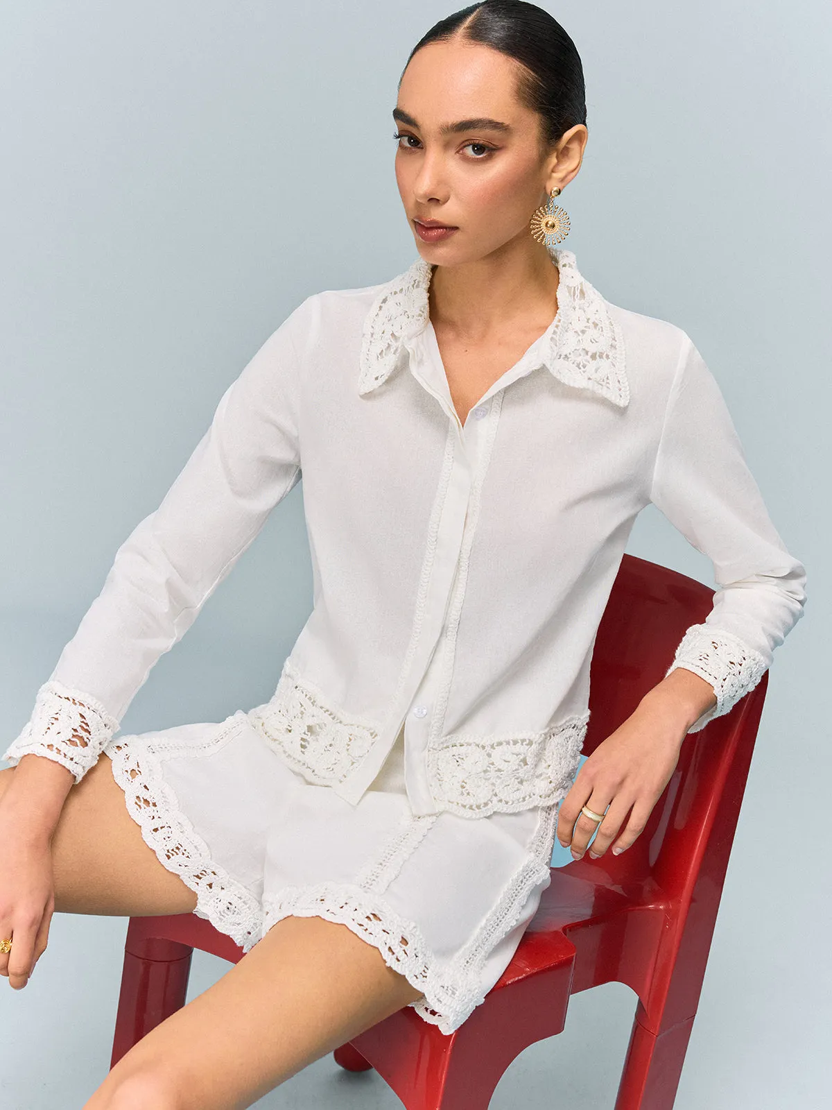 Crochet-Trimmed Shirt sold by COMMENSE