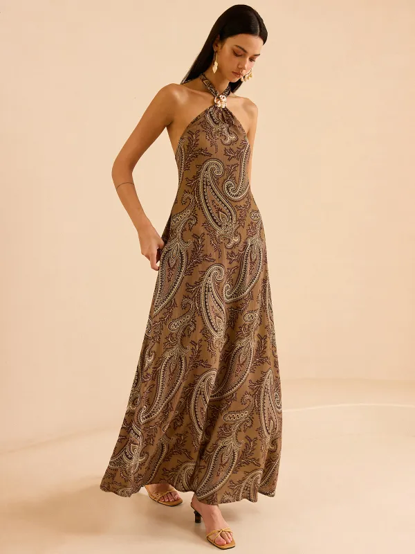 Paisley Print Halter Backless Maxi Dress sold by COMMENSE