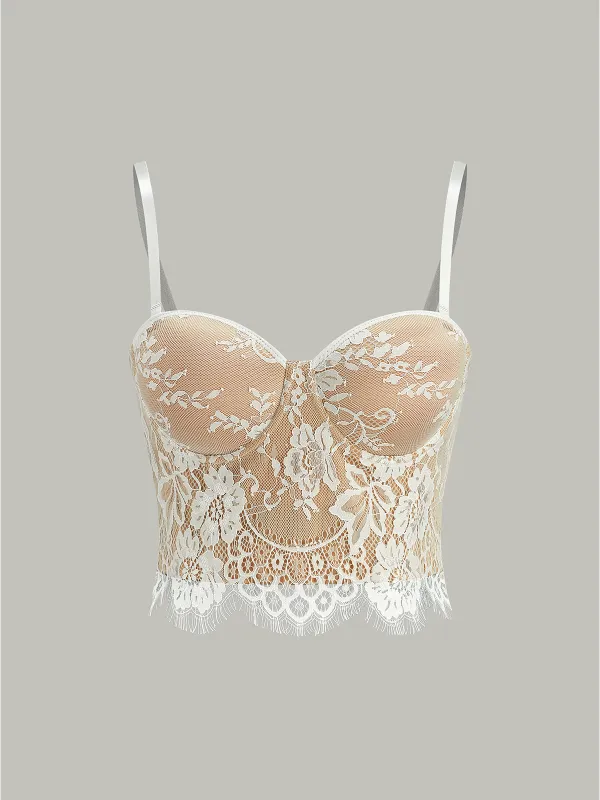Semi-Sheer Lace-Trimmed Corset Top sold by COMMENSE
