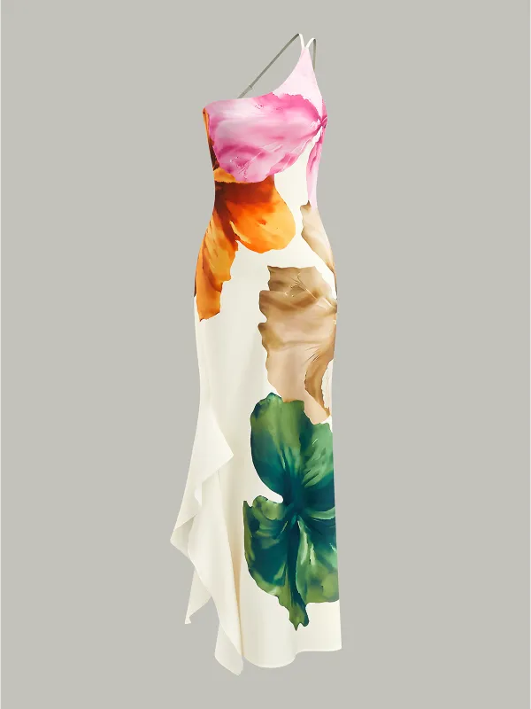 Asymmetric One-Shoulder Floral Print Maxi Dress sold by COMMENSE