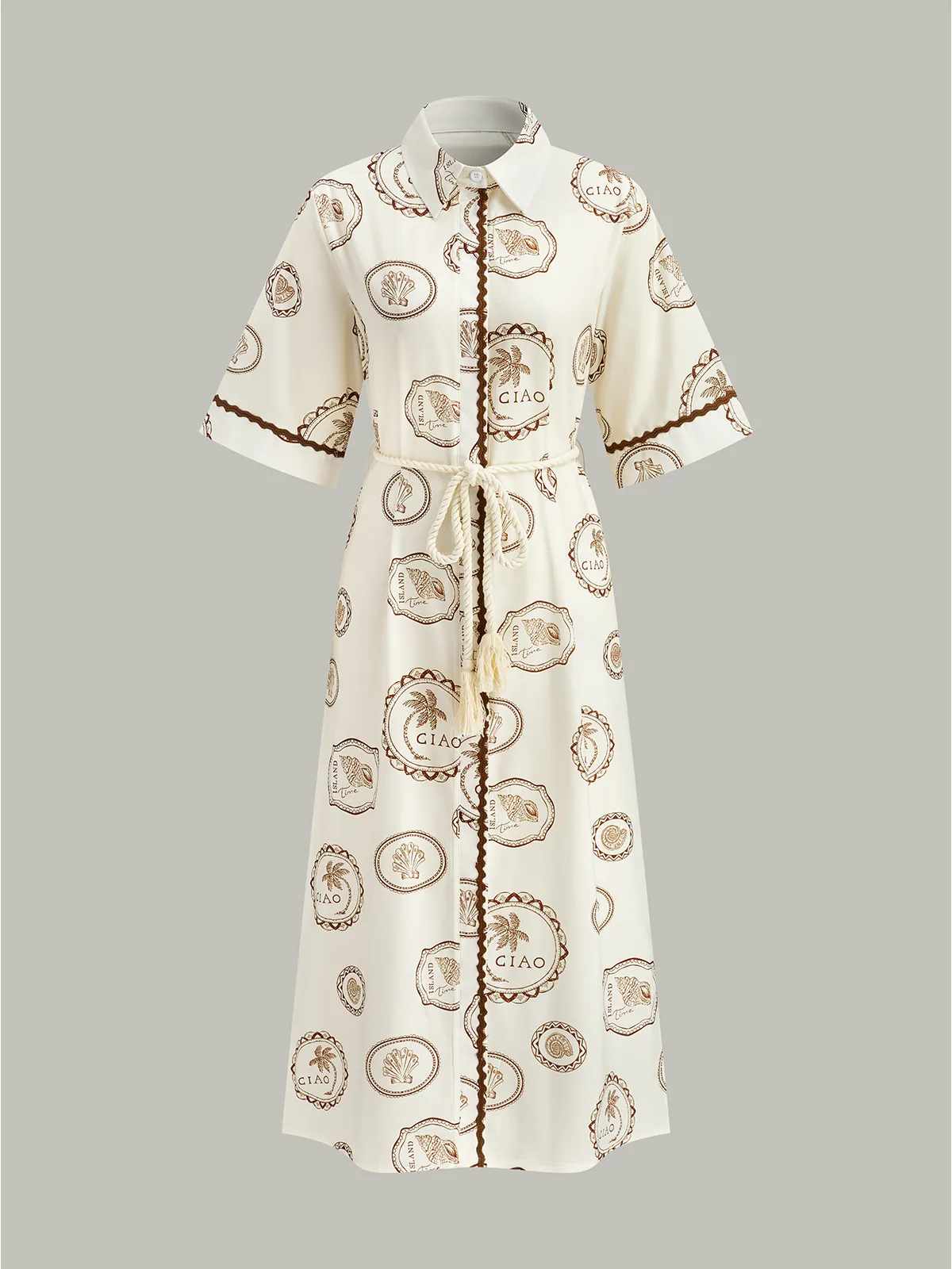 Printed Shirt Dress with Rope Tie Belt sold by COMMENSE