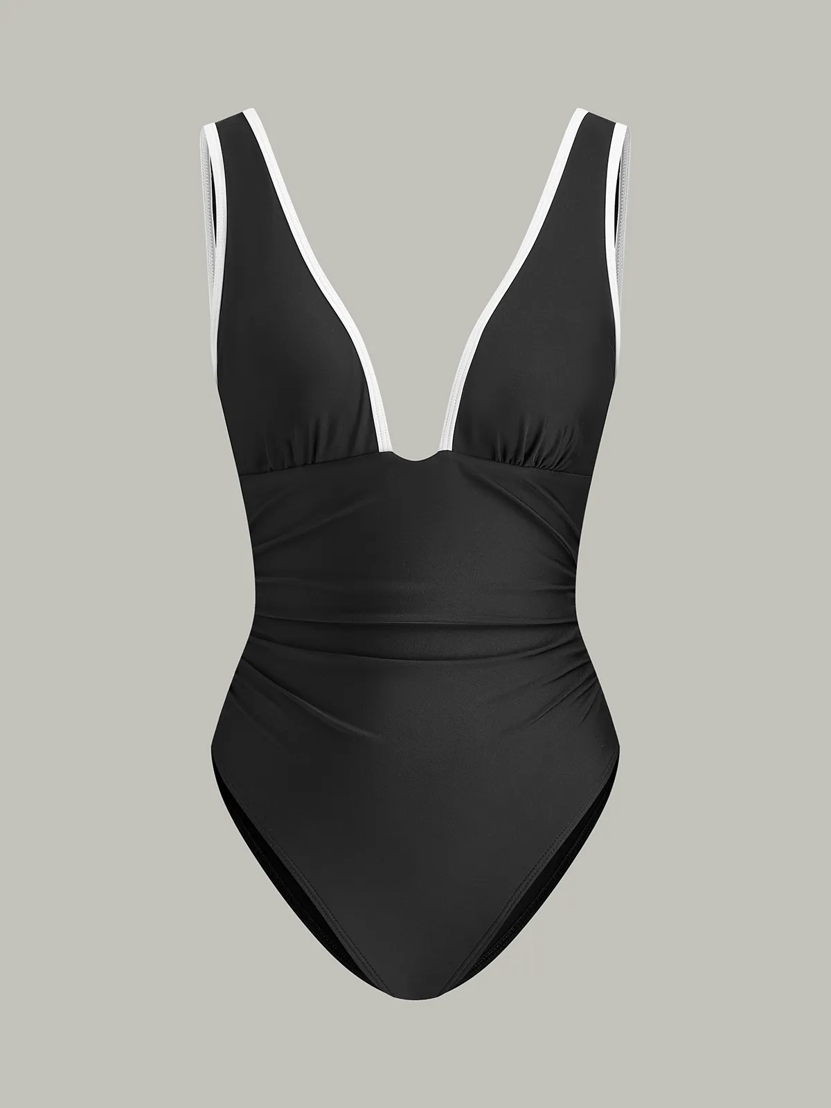 Deep V-Neck Ruched One-Piece Swimsuit sold by COMMENSE
