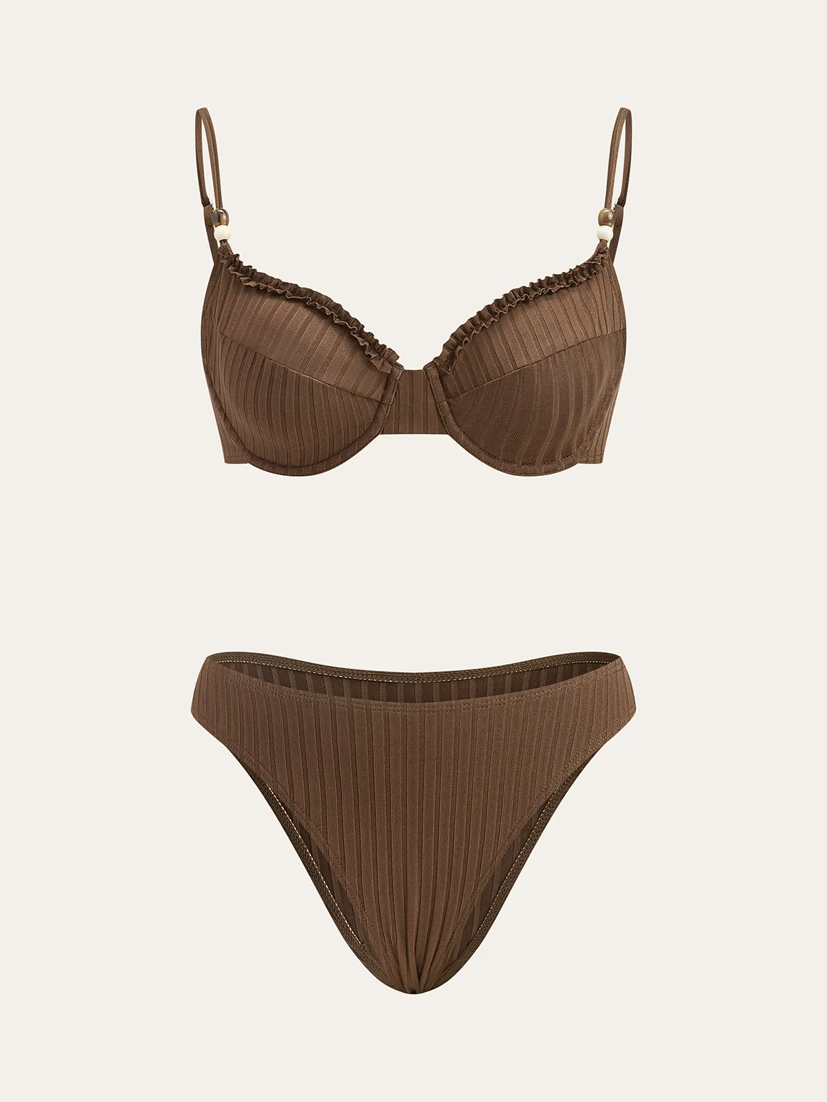 Ribbed Bikini Set with Ruffled Detailing sold by COMMENSE
