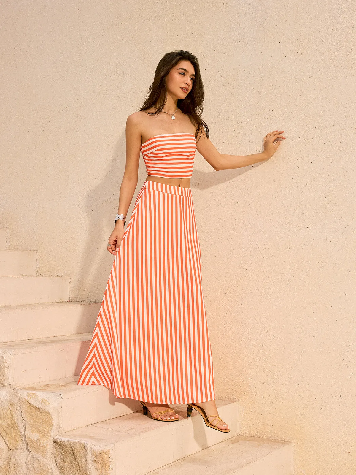 Striped Strapless Top and Maxi Skirt Set sold by COMMENSE product image thumbnail 2