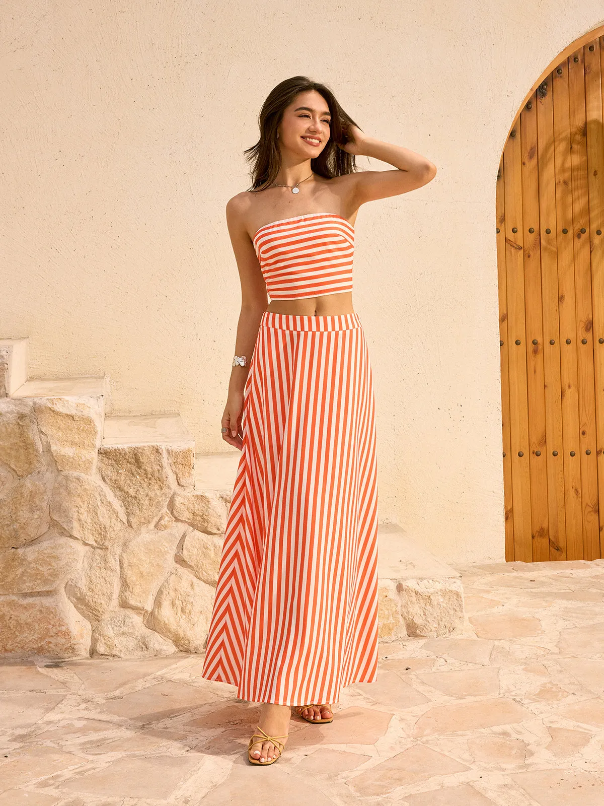 Striped Strapless Top and Maxi Skirt Set sold by COMMENSE product image thumbnail 3