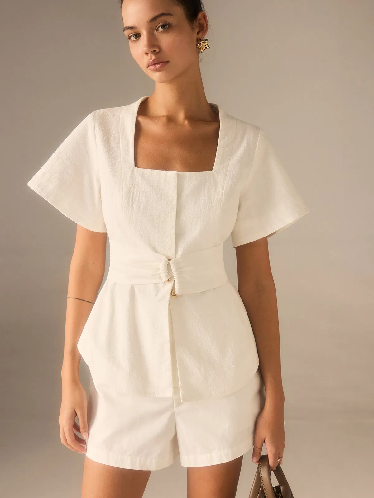 Cotton Square Neckline Top with Belted Waist sold by COMMENSE product image thumbnail 4