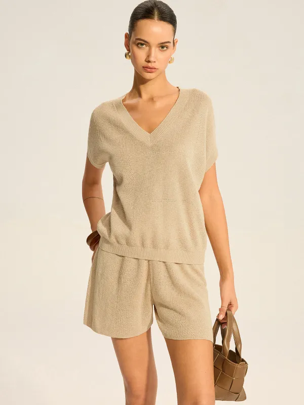 Semi-Sheer V-Neck Top and Drawstring Shorts Set sold by COMMENSE