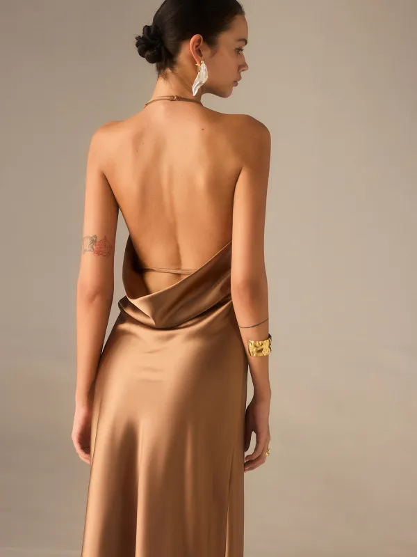 Satin Halter-Neck Backless Maxi Dress sold by COMMENSE