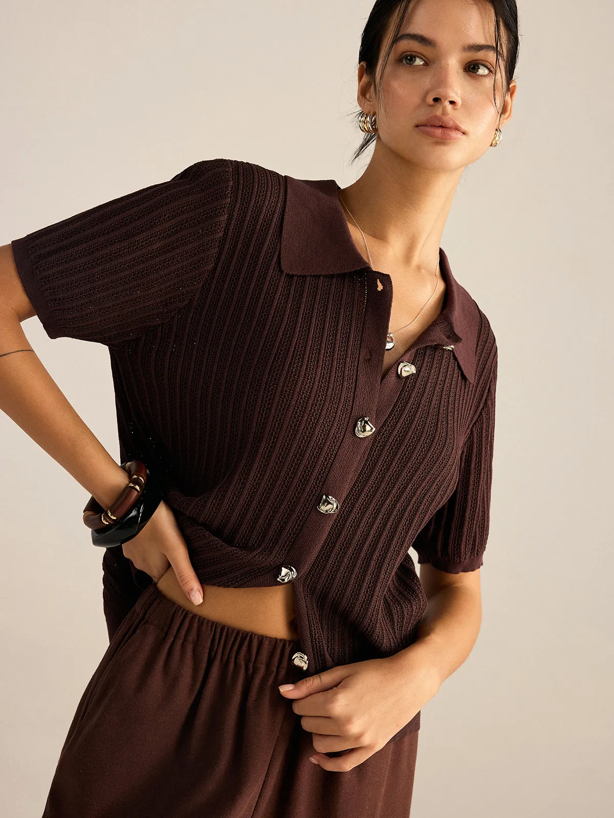 Ribbed Knit Polo-Collar Cardigan sold by COMMENSE product image thumbnail 4