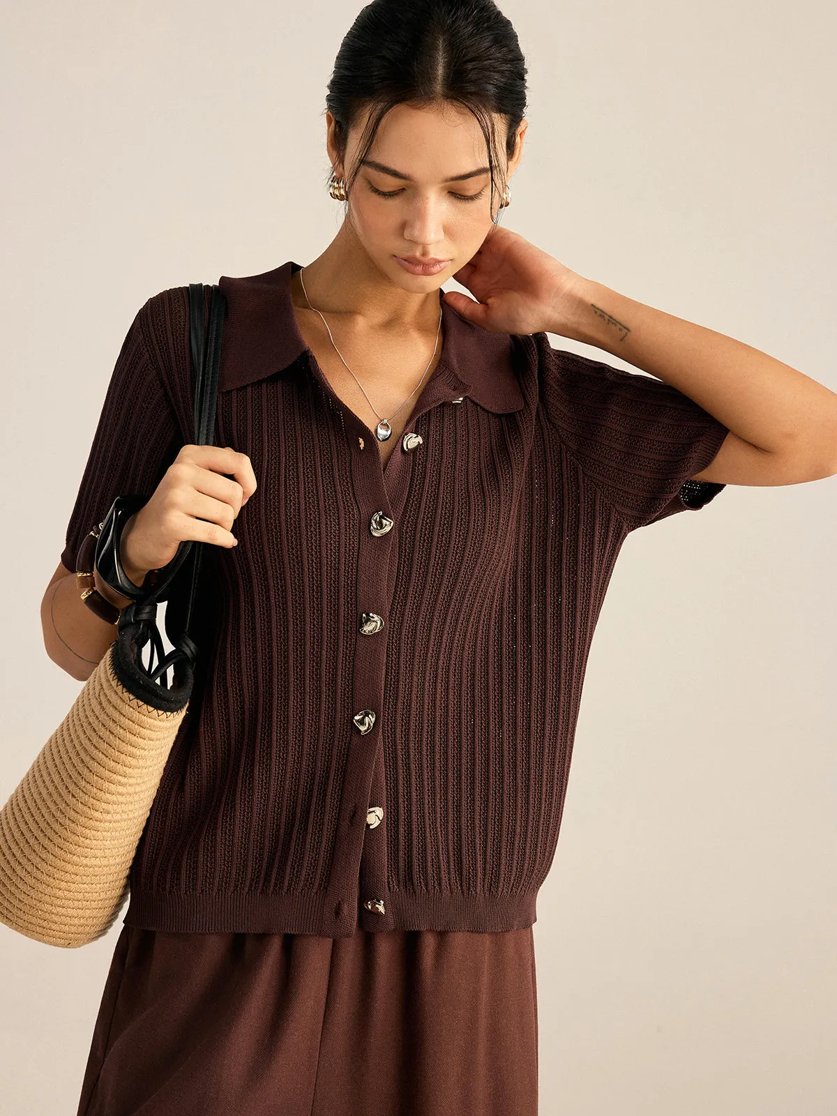 Ribbed Knit Polo-Collar Cardigan sold by COMMENSE