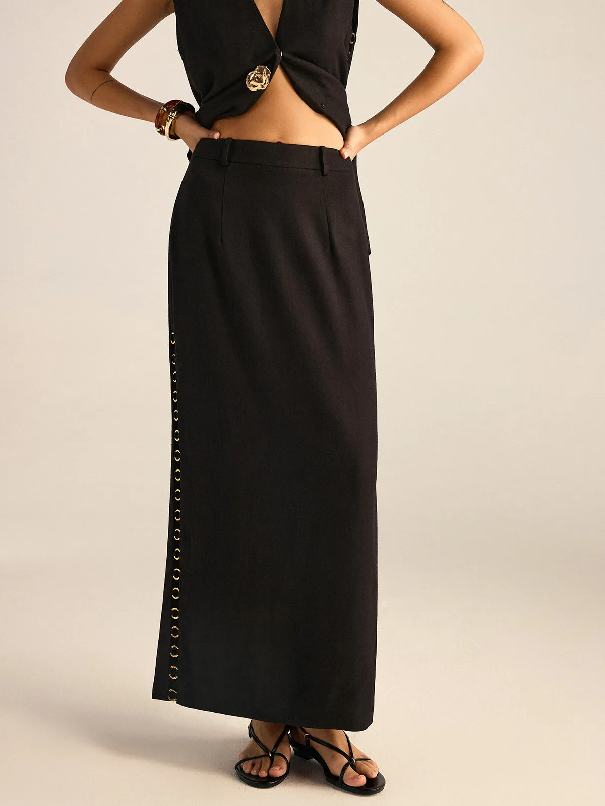 Metal Eyelet Detail Maxi Skirt sold by COMMENSE product image thumbnail 4